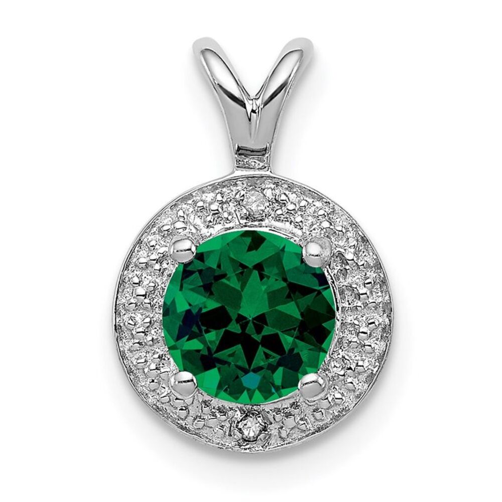 Rhodium Plated Sterling Silver, Diamond, Lab Cr Emerald Pendant